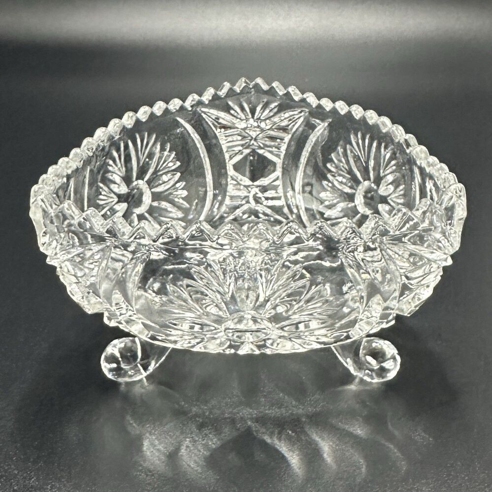 Vintage Cut Glass Footed Trinket Dish Crystal Style Vanity Candy Bowl